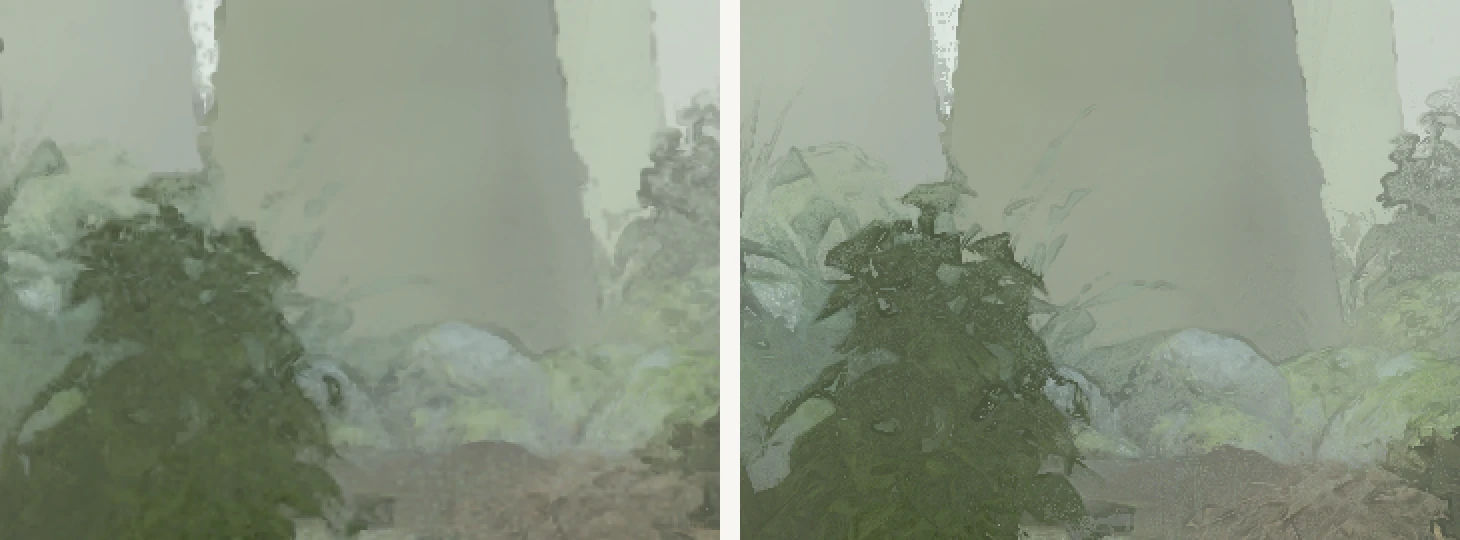 The same shrub, rocks and ferns twice, side by side. On the left the shapes are soft and smeared; on the right individual leaves and fern fronds are resolved.