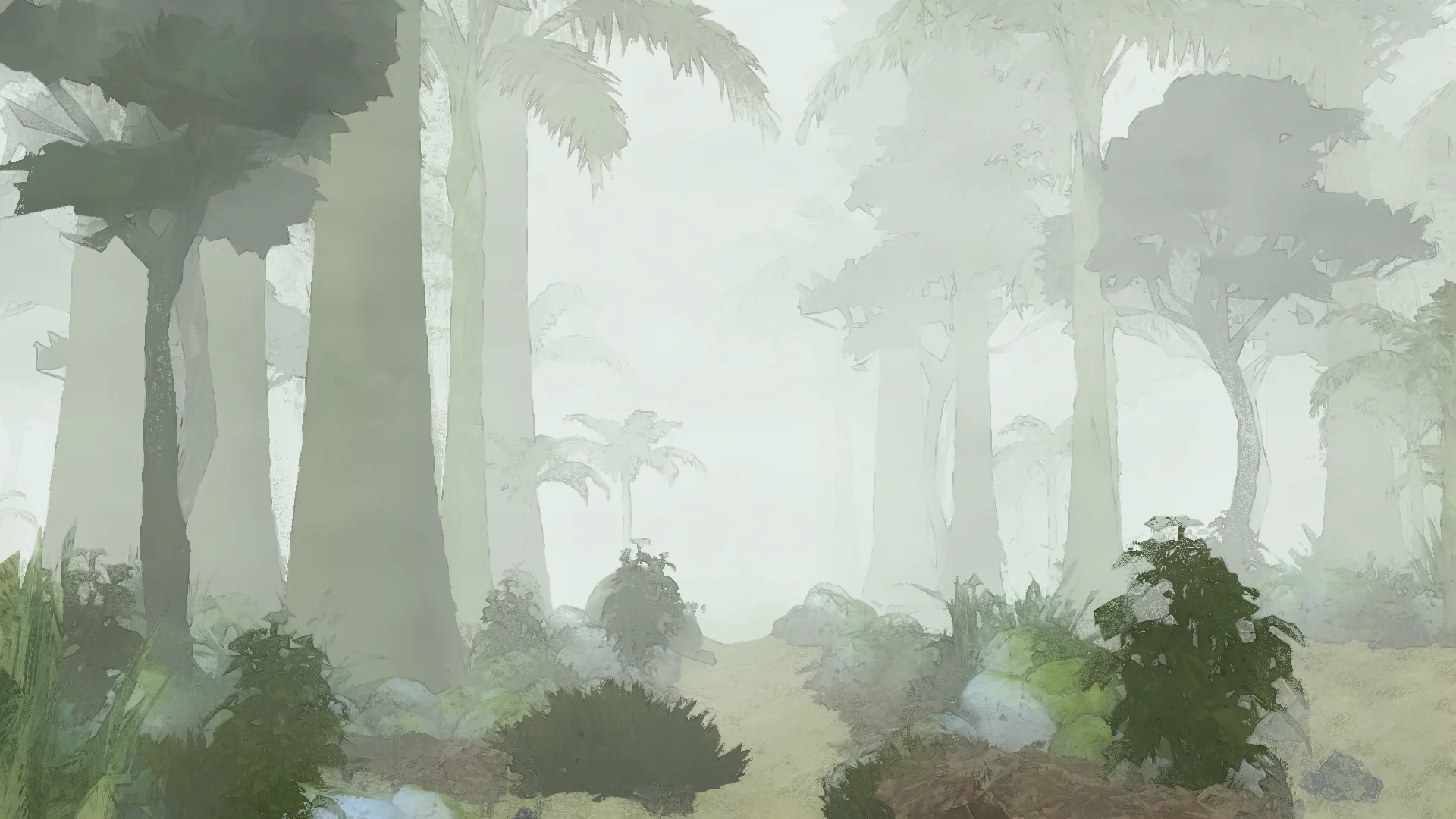 Painted forest: dark tree silhouettes against white mist, a shrub and mossy rocks on a sandy track.