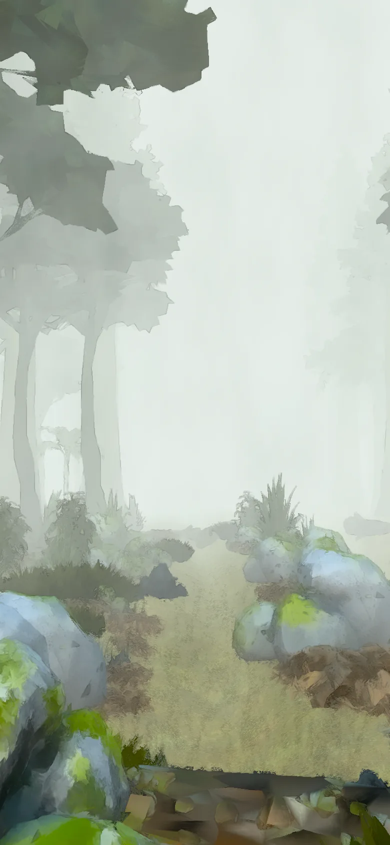 The walk on a phone: mossy boulders in the foreground, tall trunks in mist.