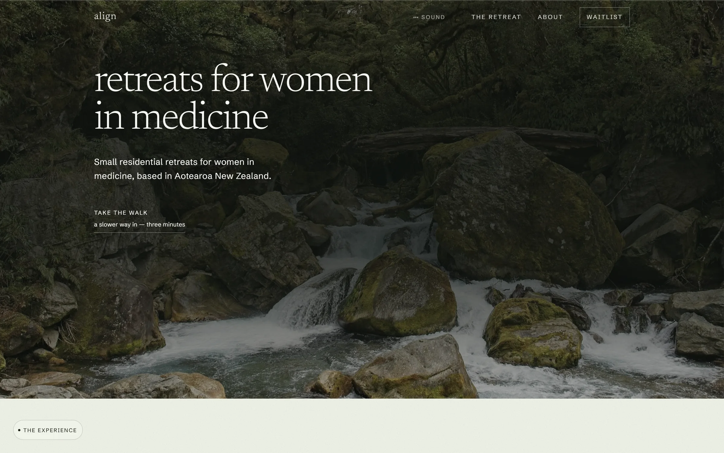 The Align Retreats home page: retreats for women in medicine, over a bush stream.