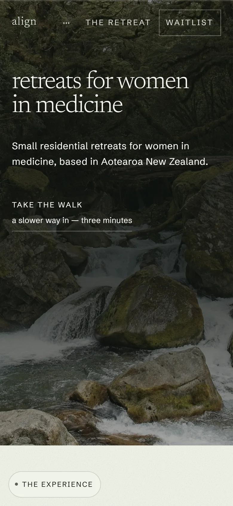 The Align Retreats home page on a phone: retreats for women in medicine, over a bush stream.