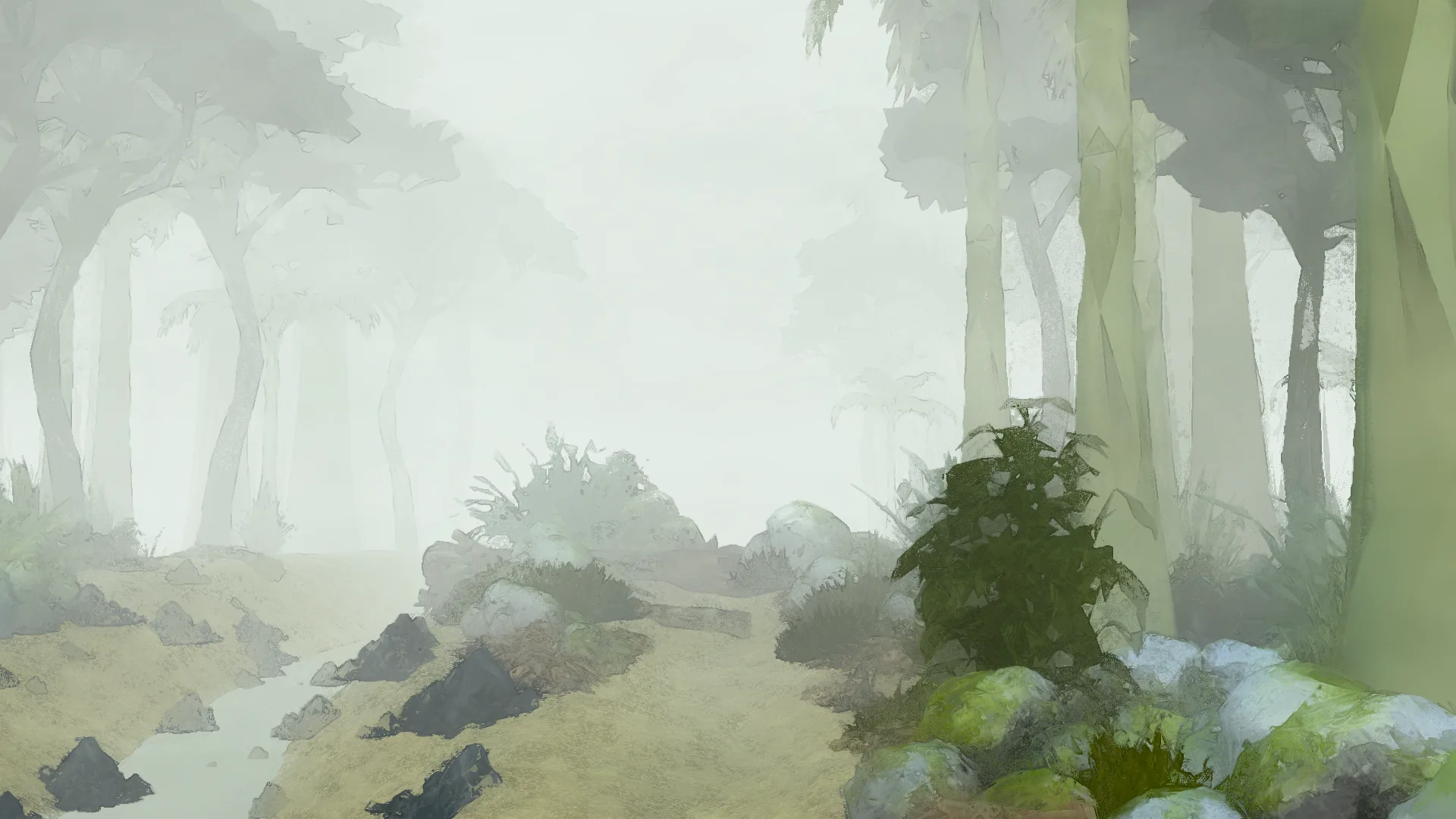 A stream bed of dark stones winding between mossy boulders, the forest fading behind.