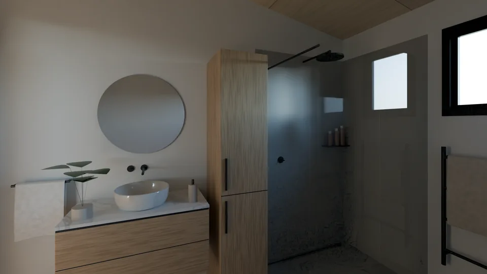 The bathroom from the door: a vessel basin on an oak vanity under a round mirror, a tall oak cabinet, the walk-in shower behind glass.