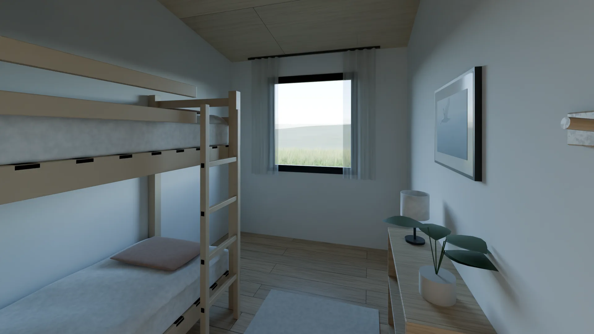 The second bedroom: a timber bunk bed with its ladder, under the raked ply ceiling.