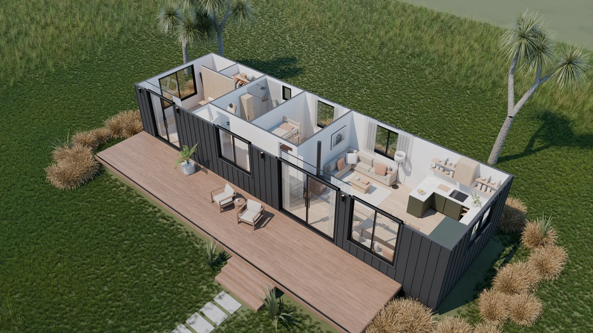 The house from above at an angle, the roof lifted off, the deck in front, every room furnished.