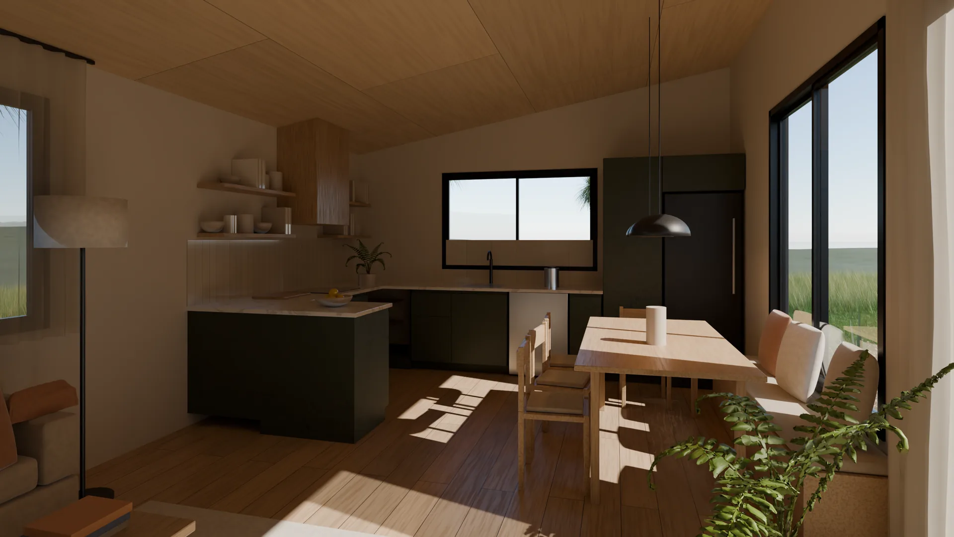 An olive kitchen with a white stone bench, oak shelves and rangehood, the dining table and window seat in front.