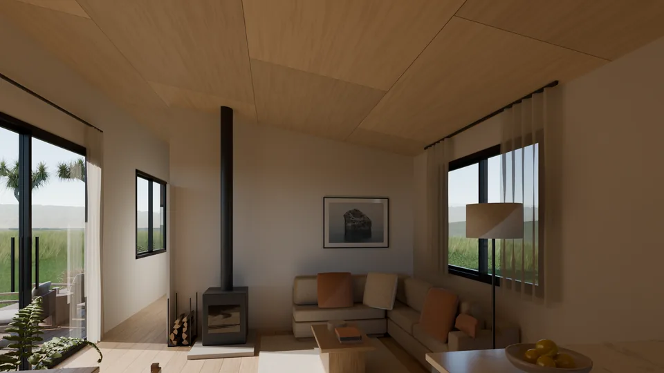 The lounge under a raked ply ceiling, a wood burner, an L-shaped sofa and sheer curtains.