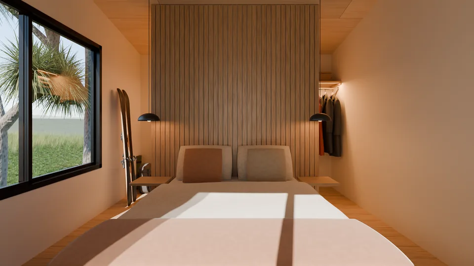 The main bedroom: a queen bed against a wall of vertical oak battens, pendant lights either side, sun across the bed.