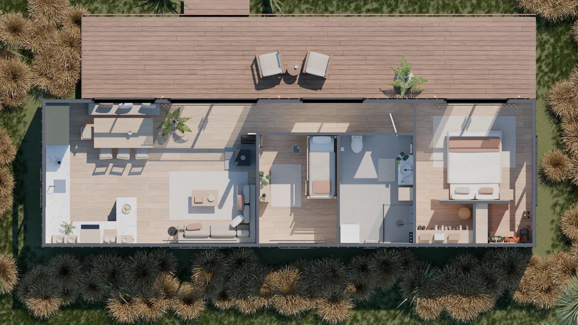 The house seen straight down with the roof and ceilings removed, every room furnished, the deck along the top.
