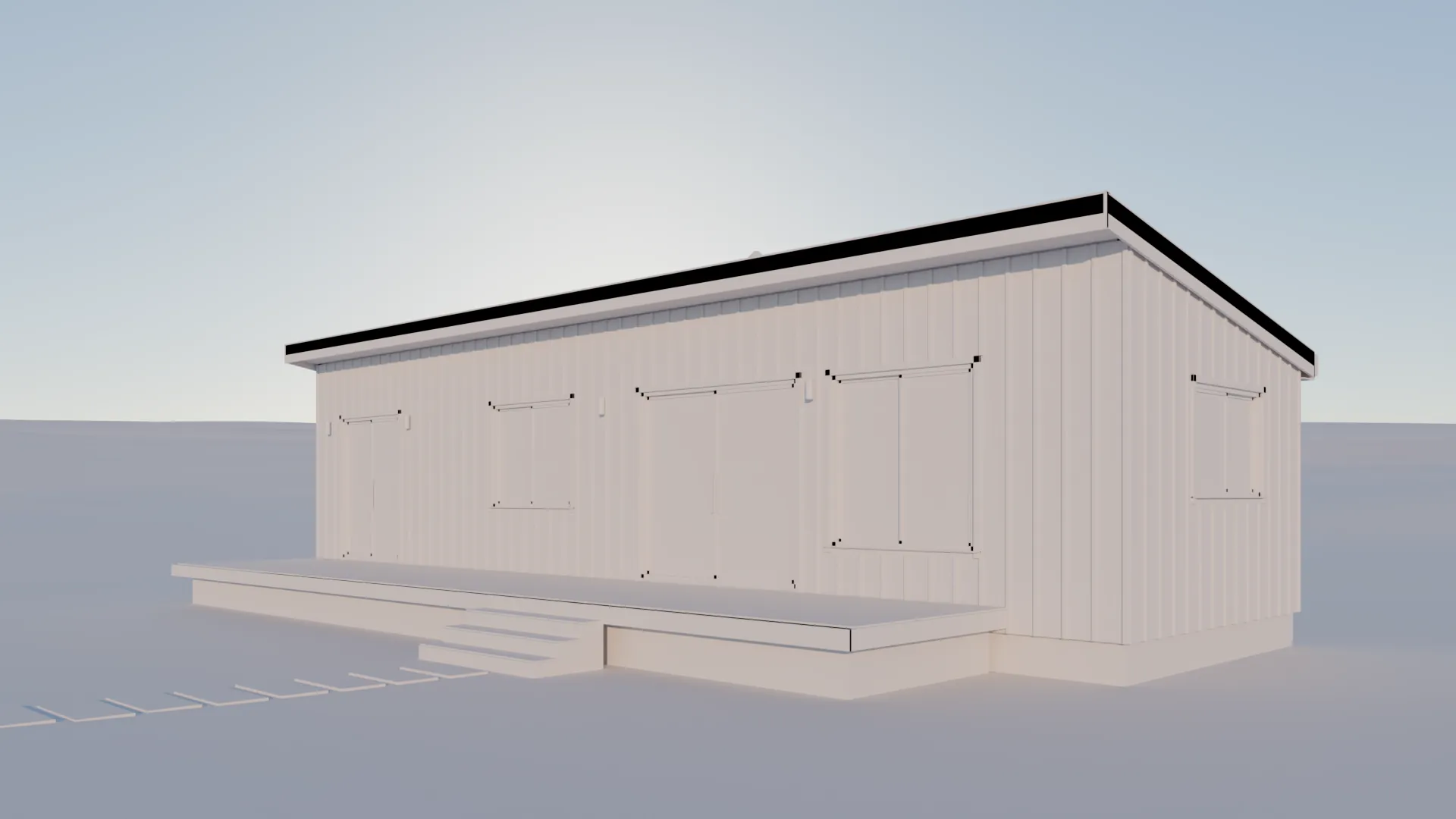 The same clay model, lit: warm light on the plain walls and the deck, a line of path stones in front.