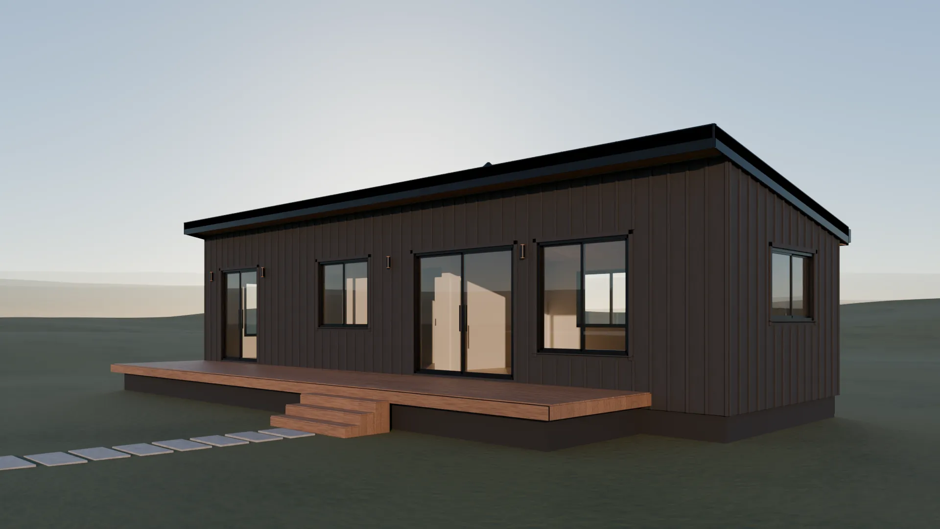 The house in its materials: black board-and-batten, black joinery, a timber deck and steps, on bare ground.