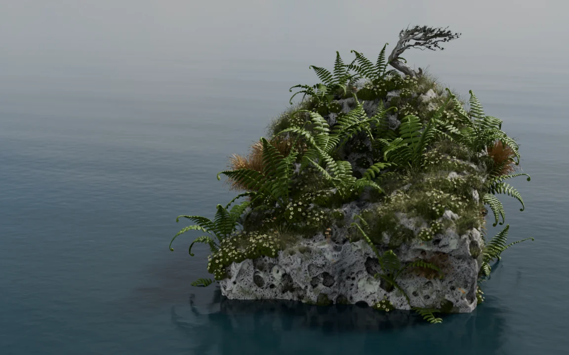 A pumice stone grown over with ferns, grasses and flowers, floating on dark water.